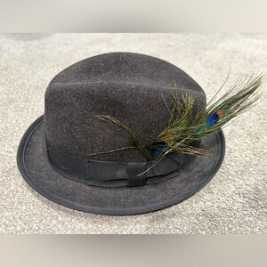 Rag & Bone Gray Fedora Hat with Peacock Feather size large l